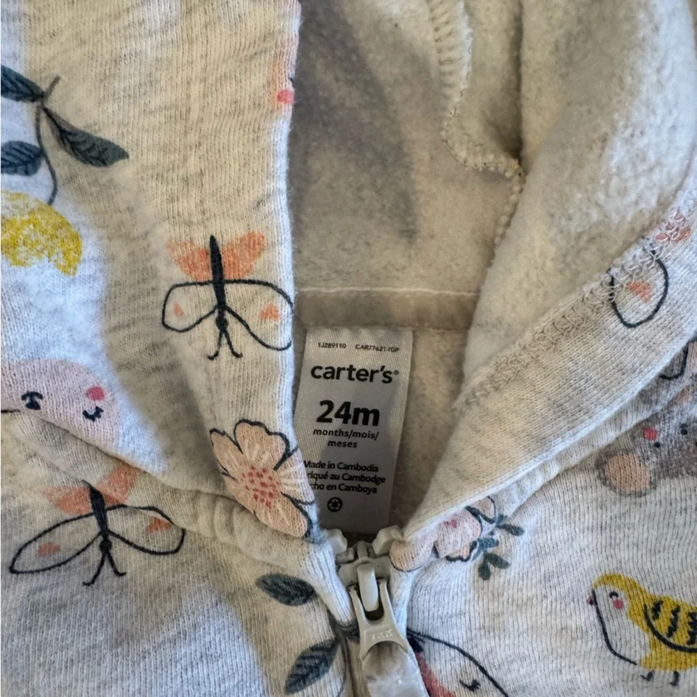 Kids Hooded Zip Jacket - Light Heather Gray with Floral & Animal Print